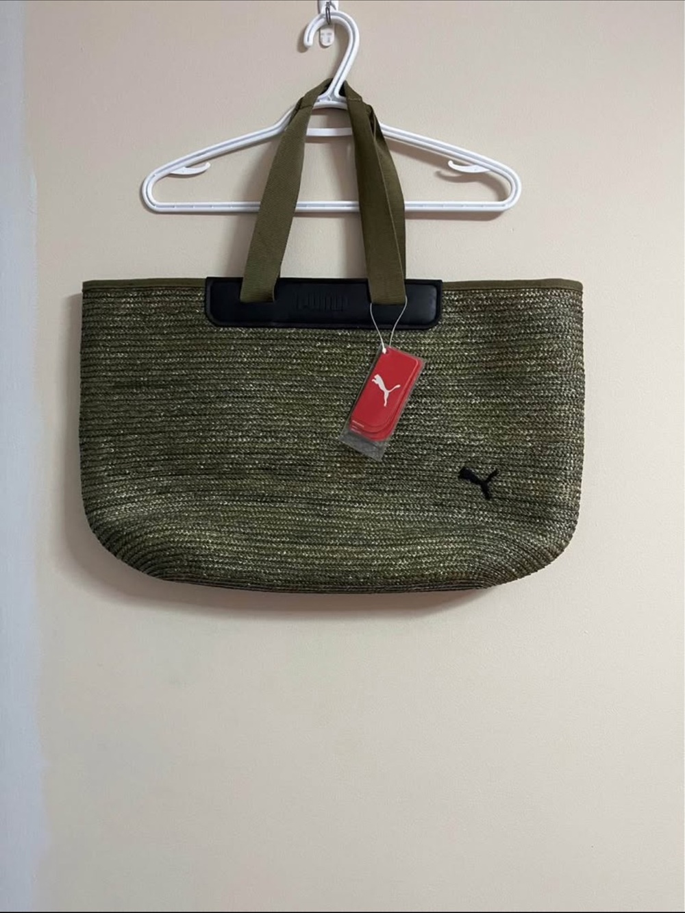 Puma Olive Green Straw Tote with Black Puma Mark
